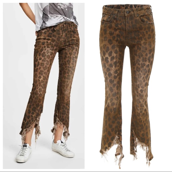 R13 Denim - R13 Leopard Kick Fit Frayed Hem Jeans Size 26 Made In Italy Animal Print
